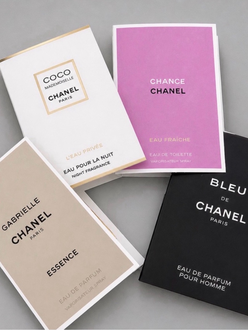 CHANEL Perfume Sample Set 4pc Chance Coco Mademoiselle Gabrielle Bleu